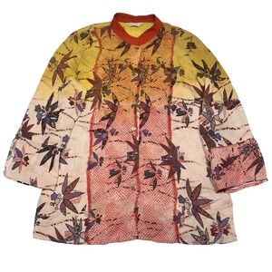 Citron Santa Monica 3/4 Sleeve Button Down Floral Leaf Blouse Boho Artsy Size M?